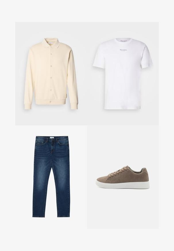 Krémová button-up mikina s dlhými rukávmi, golierom a ribovanými manžetami. Hladká textúra, minimalistický dizajn.; Biela krátkorpová tričko vyrobené z bavlny s okrúhlym výstrihom. Na hrudi sa nachádza čierny logo "Marc O'Polo". Hladký povrch, minimalistický dizajn.; Tmavomodré úzke džínsy s bledými detailmi, klasický dizajn s piatimi vreckami, zapínanie na gombík a pútka na opasok.; Hnedé semišové tenisky s plochými bielymi gumovými podrážkami, dizajn so šnurovaním, zaoblená špička a hladká textúra. Minimalistický štýl s jemnými švovými detailmi.