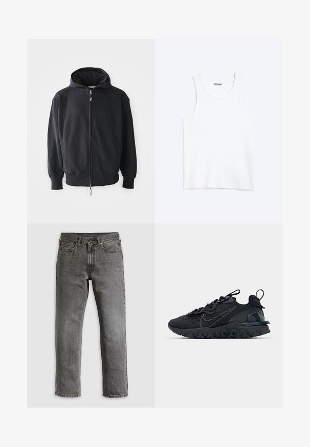 Schwarzer Zip-Hoodie aus weichem Stoff, mit Kapuze und Kordelzug, langen Ärmeln und Fronttaschen. Dezentes Logo auf der Brust.; Weißes ärmelloses Tanktop mit rundem Ausschnitt und Weekday-Markenetikett auf der Innenseite des hinteren Kragens, flach auf hellem Hintergrund dargestellt.; Graue Jeans aus Denim mit geradem Bein, ausgestattet mit fünf Taschen, kupfernen Nieten und sichtbaren Nähten. Klassisches Design mit Reißverschluss.; Schwarzer Sportschuh mit atmungsaktivem Mesh-Obermaterial, strukturierten Akzenten und einer wellenförmigen Gummisohle. Verfügt über ein reflektierendes Logo und ein Schnürsystem.