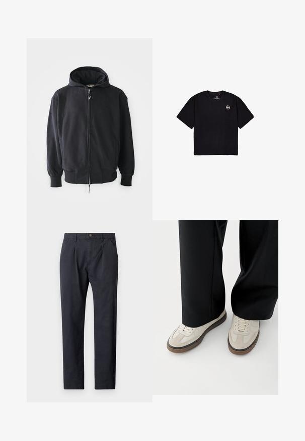 Čierna mikina s kapucňou na zips z mäkkého materiálu, s kapucňou so šnúrkou, dlhými rukávmi a prednými vreckami. Jemné logo na hrudi.; Čierne tričko s krátkymi rukávmi, textúrované, s okrúhlym výstrihom a malým bielym kruhovým logom na ľavej hrudi.; Tmavošedé nohavice vyrobené z bavlnenej tkaniny. Majú plisovaný predný diel, zapínanie na gombík a dva bočné vrecká. Rovný strih nohavíc.; Nohy v béžových teniskách s hnedými podrážkami a čierne široké nohavice na bielom pozadí.