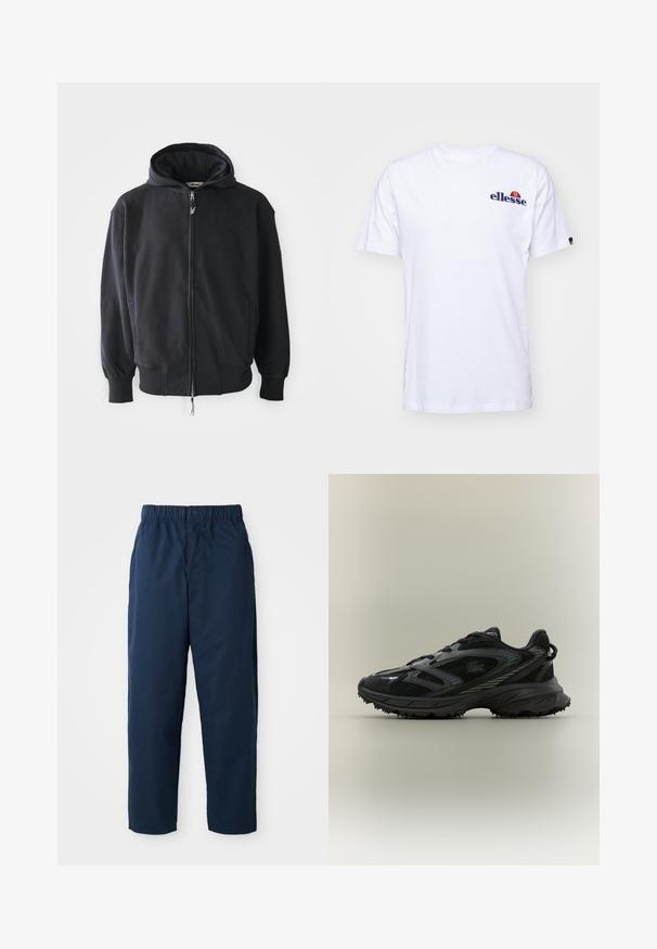 Zwarte hoodie met rits gemaakt van zachte stof, voorzien van een capuchon met trekkoord, lange mouwen en voorzakken. Subtiel logo op de borst.; Witte katoenen T-shirt met korte mouwen, voorzien van een marineblauw geborduurd logo op de linkerborst en een levendige kleurenaccent boven het logo.; Navy blauwe broek van soepel materiaal, met een elastische tailleband en een knoop, rechte pijpen en zonder zichtbare patronen of accessoires.; Zwarte sportieve schoen met meshpanelen, een gestructureerde zool, veters en een gebogen silhouet met zilveren accenten aan de zijkanten.