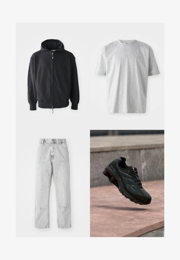 Schwarzer Zip-Hoodie aus weichem Stoff, mit Kapuze und Kordelzug, langen Ärmeln und Fronttaschen. Dezentes Logo auf der Brust.; Graues T-Shirt mit kurzen Ärmeln aus weichem Stoff. Verfügt über einen runden Ausschnitt und ein dezentes, auf der Vorderseite gesticktes Logo.; Hellgraue Jeanshose mit weitem Schnitt, großen Seitentaschen, sichtbaren Nähten und geradem Bein. Gürtelschlaufen an der Taille.; Schwarzer athletischer Sneaker mit sichtbarer Air-Cushioning-Zwischensohle, der über einer rosa Steinoberfläche mit grauer Steinmauer im Hintergrund schwebt.