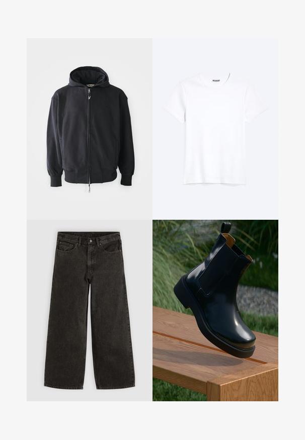 Zwarte hoodie met rits gemaakt van zachte stof, voorzien van een capuchon met trekkoord, lange mouwen en voorzakken. Subtiel logo op de borst.; Effen witte T-shirt met korte mouwen en ronde hals met een zichtbaar WEEKDAY-merklabel bij de nek, weergegeven op een lichte achtergrond.; Zwarte jeans met wijde pijpen, voor met knoop en rits, riemlussen en vijf zakken, plat neergelegd op een witte achtergrond.; Zwarte leren Chelsea-boot met een gladde afwerking, elastische zijkanten, ronde neus en dikke rubberen zool, gepositioneerd boven een houten oppervlak.