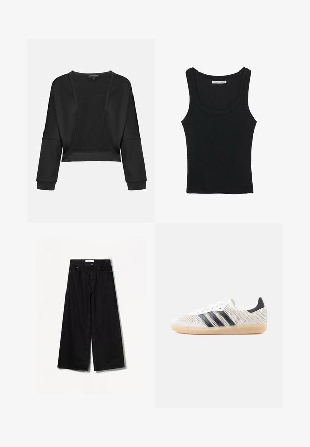 Veste noire cropped avec manches longues, devant ouvert et un panneau en tricot texturé. Tissu lisse avec une coupe décontractée et ample, et des poignets élastiques.; Débardeur noir côtelé sans manches avec un col rond et un ourlet droit, étiquette à l'intérieur du dos du cou.; Jean large noir en denim. Doté d'une taille haute, de poches avant et arrière, et d'un matériel argenté sur le bouton et la fermeture éclair.; Baskets en maille blanche avec un design à trois bandes noires, bout arrondi et semelle en caoutchouc gomme. Dotées d'un col de talon souple et d'une fermeture à lacets.