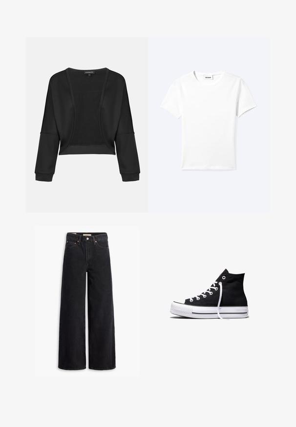 Schwarze, verkürzte Jacke mit langen Ärmeln, offenem Vorderteil und strukturiertem Strickpanel. Glattes Material mit einem entspannten, lockeren Schnitt und elastischen Bündchen.; Einfaches weißes T-Shirt mit kurzen Ärmeln und Rundhalsausschnitt sowie kleinem "WEEKDAY"-Etikett im Nacken, flach auf einem hellen Hintergrund präsentiert.; Schwarze weite Jeans aus Denim mit fünf Taschen, Kupferrivets und einem klassischen Knopfverschluss. Glatte Textur mit einem klaren Design.; Schwarzer High-Top-Canvas-Sneaker mit weißer Gummisohle und weißen Schnürsenkeln, seitlich dargestellt vor weißem Hintergrund.
