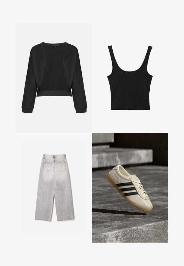 Veste noire cropped avec manches longues, devant ouvert et un panneau en tricot texturé. Tissu lisse avec une coupe décontractée et ample, et des poignets élastiques.; Débardeur noir court avec de larges bretelles, fabriqué à partir d'un matériau doux, présentant une texture lisse et un design minimaliste.; Jean gris clair à jambes larges, taille haute avec deux poches arrière, vu de dos sur un fond blanc uni.; Baskets blanches avec des bandes noires et une semelle en gomme flottant au-dessus d’escaliers en béton dans une lumière douce du jour.