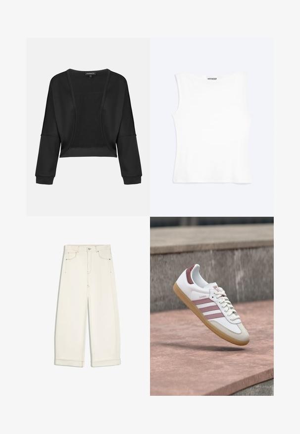 Veste noire cropped avec manches longues, devant ouvert et un panneau en tricot texturé. Tissu lisse avec une coupe décontractée et ample, et des poignets élastiques.; Débardeur blanc ajusté sans manches avec un col rond et un design minimaliste, étiqueté "WEEKDAY" à l'intérieur du col.; Pantalon large court couleur écrue avec bouton devant, fermeture éclair, deux poches avant et surpiqûres marron visibles.; Baskets blanches et roses Adidas Samba avec semelle en gomme flottant au-dessus d'une surface en pierre et un mur en pierre flou en arrière-plan.