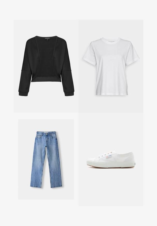 Zwarte cropped jas met lange mouwen, open voorkant en een textuur gebreide inzet. Glad materiaal met een relaxte, loose fit en elastische manchetten.; Witte katoenen t-shirt met korte mouwen, ronde hals en een ontspannen pasvorm. Soepele textuur, zonder patroontjes of graphics, basisontwerp.; Lichtblauwe denim jeans met een rechte pasvorm, voorzien van vijf zakken, een knoopsluiting aan de voorkant en subtiele vervaging voor textuur.; Witte lage canvas sneaker met witte rubberen zool, veters en "Superga" logo aan de zijkant.