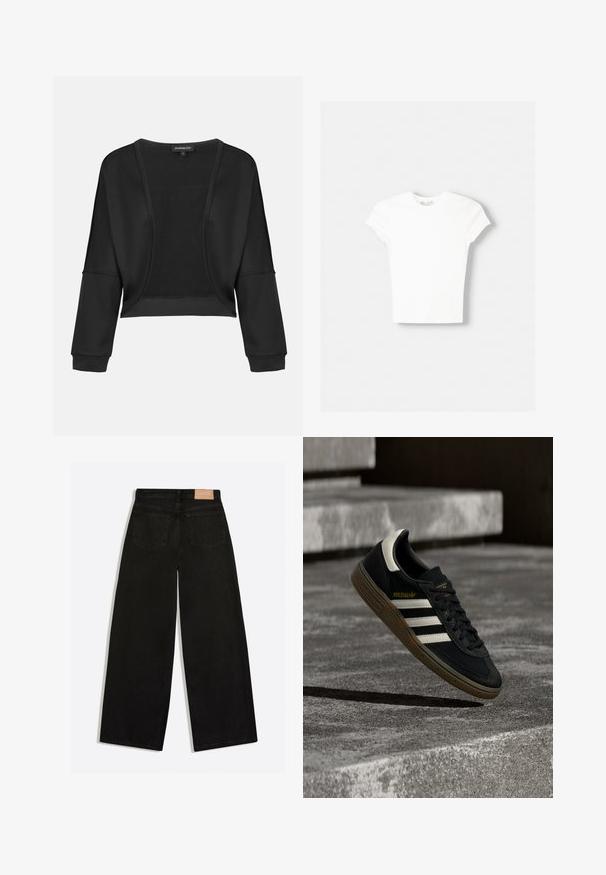 Veste noire cropped avec manches longues, devant ouvert et un panneau en tricot texturé. Tissu lisse avec une coupe décontractée et ample, et des poignets élastiques.; T-shirt blanc à manches courtes en coton doux, avec un col rond et une coupe ajustée. Pas de motifs ni d'ornements visibles.; Jean noir à jambes larges vu de dos, avec deux poches arrière et un patch de marque en cuir marron à la ceinture.; Baskets Adidas noires avec des bandes blanches et une semelle en gomme flottant au-dessus d'escaliers en béton gris sous une lumière naturelle.