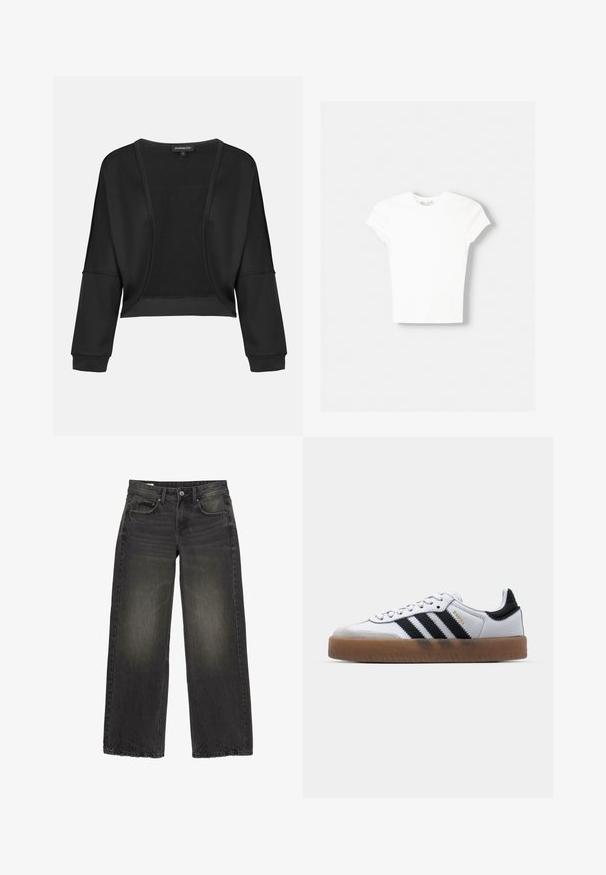 Sort cropped jakke med lange ærmer, åben front og et struktureret strikpanel. Glat stof med en afslappet, løs pasform og elastiske manchetter.; Hvid kortærmet t-shirt lavet af blød bomuld, med rund halsudskæring og en tætsiddende form. Ingen synlige mønstre eller udsmykninger.; Sorte jeans med brede ben, falmede detaljer, knap foran, lynlås og fem lommer lagt fladt på en hvid baggrund.; Hvide lædersneakers med sorte striber, gummirubber sål, rund tå, snørelukning og blød grå ruskinds tåhætte.