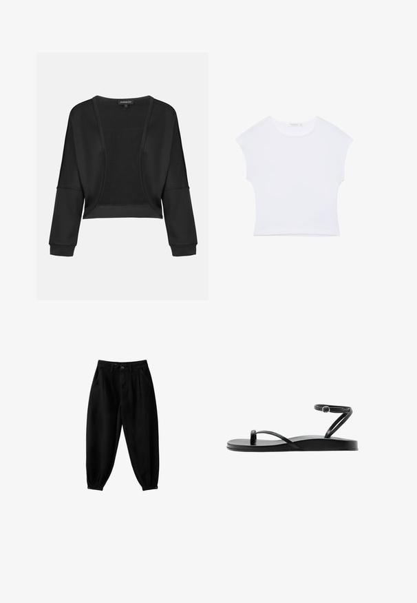 Sort cropped jakke med lange ærmer, åben front og et struktureret strikpanel. Glat stof med en afslappet, løs pasform og elastiske manchetter.; Hvid kortærmet cropped T-shirt med rund halsudskæring, lavet af glat stof, lagt fladt på en hvid baggrund.; Sorte højtaljede taperede bukser med plisseringer, forlommer, bæltestropper, knaplukning og trykknapper ved ankelfang.; Sort flad sandal med tynde remme, tåloop og anklerem med en lille rund spænde, vist i sideprofil.