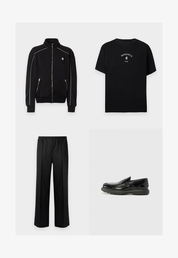 Veste noire à fermeture éclair intégrale avec col haut, passepoil blanc le long des épaules et des manches, poches latérales zippées, et petit logo blanc sur la poitrine.; T-shirt noir à manches courtes avec col rond, arborant un texte blanc "MARGIELA 6 EST 1997" centré sur la poitrine.; Les Benjamins Pantalon classique - black; Mocassin en cuir noir avec une finition brillante, bout arrondi, détails de couture subtils et semelle en caoutchouc épaisse pour la durabilité.