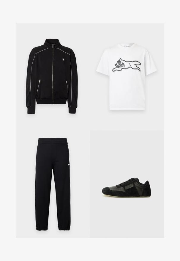 Veste noire à fermeture éclair intégrale avec col haut, passepoil blanc le long des épaules et des manches, poches latérales zippées, et petit logo blanc sur la poitrine.; T-shirt en coton blanc présentant un motif noir d'un chat bondissant avec des traits faciaux exagérés, comprenant un large sourire et des contours stylisés.; Pantalon de survêtement noir avec taille et poignets élastiques, arborant un petit logo blanc sur la partie supérieure de la cuisse gauche.; Baskets noires en suède et cuir. Présentent un profile bas, un bout arrondi, un design à lacets et des accents texturés. Les semelles ont une texture antidérapante.