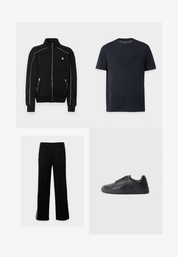 Veste noire à fermeture éclair intégrale avec col haut, passepoil blanc le long des épaules et des manches, poches latérales zippées, et petit logo blanc sur la poitrine.; T-shirt noir à manches courtes avec col rond, comportant un logo aigle en relief discret sur la poitrine et une étiquette de marque à l'intérieur du col.; Pantalon noir à jambes larges avec taille élastique et passepoil blanc courant le long du côté extérieur de chaque jambe sur un fond uni.; Chaussure de sport en cuir noir avec une finition lisse, bout arrondi, panneau latéral texturé et lacets noirs. Présente une semelle en caoutchouc plate et un design minimaliste.