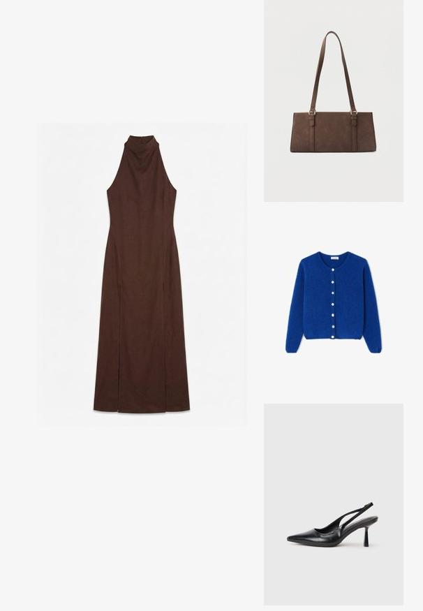 Blauer, flauschiger Langarm-Cardigan mit rundem Ausschnitt und sieben weißen Knöpfen vorne, flach auf weißem Hintergrund liegend dargestellt.; Ärmelloses dunkelbraunes Maxikleid mit hohem Kragen und taillierter Taille, mit seitlichen Schlitzen vom Knie bis zum Saum.; Schwarzer Leder Slingback High Heel Schuh mit spitzer Zehenpartie und schmalem Absatz auf einem weißen Hintergrund.; Braune rechteckige Schultertasche mit langen Trägern und minimalen Steppnähten vor einfarbigem Hintergrund.
