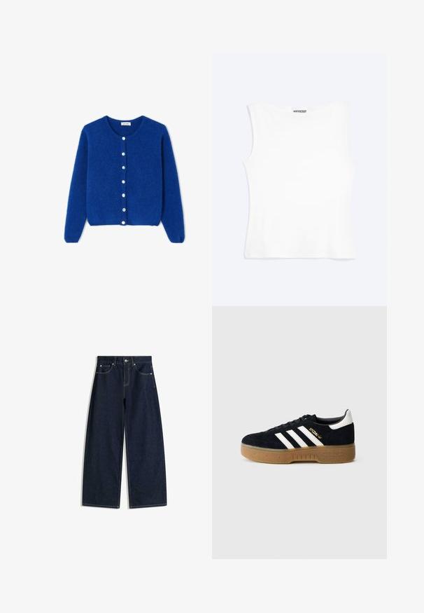 Blå, blød cardigan med lange ærmer, rund halsudskæring og syv hvide knapper ned foran, vist fladt på en hvid baggrund.; Hvid tætsiddende ærmeløs tanktop med rund halsudskæring og minimalistisk design, mærket "WEEKDAY" indeni kraven.; Mørkeblå bukser i denim med vid ben, forlommer, knaplukning og synlige sømme på hvid baggrund.; Sort ruskindssneaker med hvide tre striber og guldfarvet logo. Sål i gummi med tekstureret greb. Klassisk lavtop-design med rundet tå.