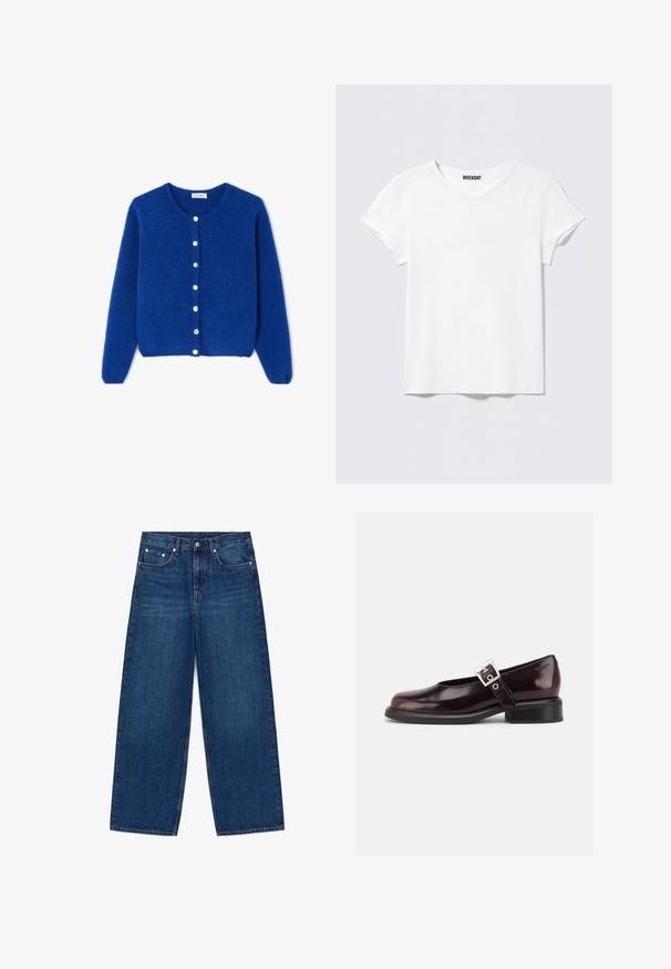 Cárdigan azul difuso de manga larga con escote redondo y siete botones blancos en la parte delantera, mostrado plano sobre un fondo blanco.; Camiseta blanca lisa de manga corta y cuello en V, con una pequeña etiqueta "WEEKDAY" en el interior del cuello, mostrada sobre un fondo gris claro.; Vaqueros azules de pierna ancha con diseño de cinco bolsillos y cierre de botón, presentados planos sobre un fondo blanco.; Zapato único Mary Jane brillante de color burdeos oscuro con correa ancha y hebilla plateada, tacón bloque bajo y punta redondeada sobre fondo blanco.