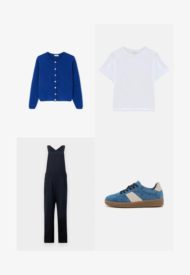 Blå, blød cardigan med lange ærmer, rund halsudskæring og syv hvide knapper ned foran, vist fladt på en hvid baggrund.; Hvid cropped t-shirt lavet af blødt bomuld, med rund hals og korte ærmer og en let løs pasform. Ingen mønstre eller accenter.; Mørkeblå overall jumpsuit lavet af glat stof, med krydsede stropper på ryggen, brede ben og sidelommer. Simple, rene linjer.; Blå suede sneakers med en beige læderdetalje, mørke snørebånd og en struktureret gummisål; lavprofil design med en rund tå.