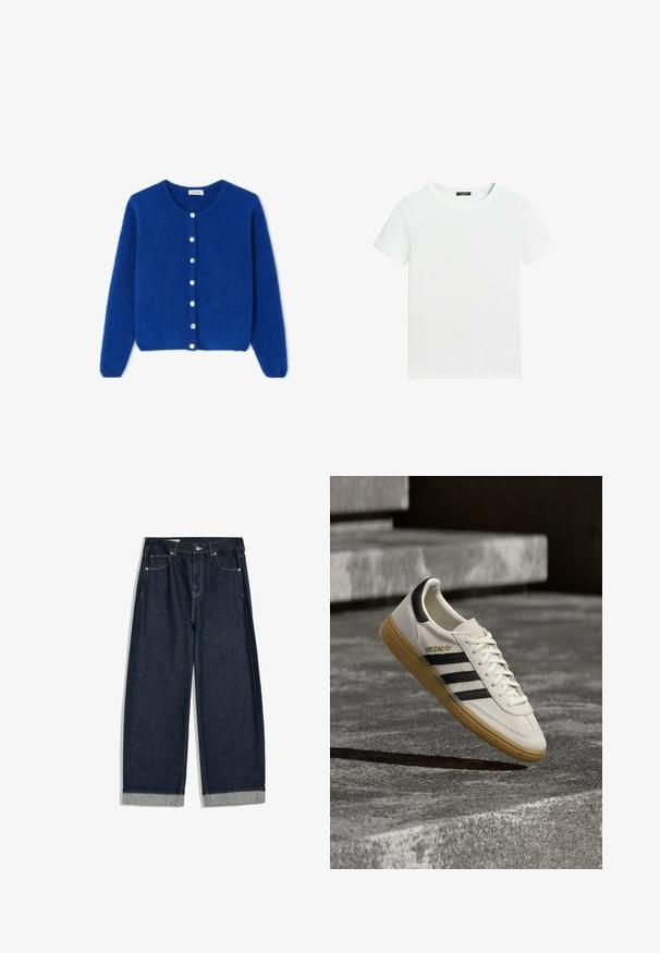 Blauer, flauschiger Langarm-Cardigan mit rundem Ausschnitt und sieben weißen Knöpfen vorne, flach auf weißem Hintergrund liegend dargestellt.; Schlichtes weißes T-Shirt mit kurzen Ärmeln, rundem Halsausschnitt und einem kleinen schwarzen Etikett innen am Kragen.; Dunkelblaue Jeans mit weitem Bein, aufgekrempelten Säumen, Fünf-Taschen-Design und Knopfverschluss im Bund, flach auf weißem Hintergrund ausgelegt.; Weißer Adidas Spezial Sneaker mit schwarzen Streifen und Kautschuksohle, der über grauen Steinstufen im Freien schwebt.