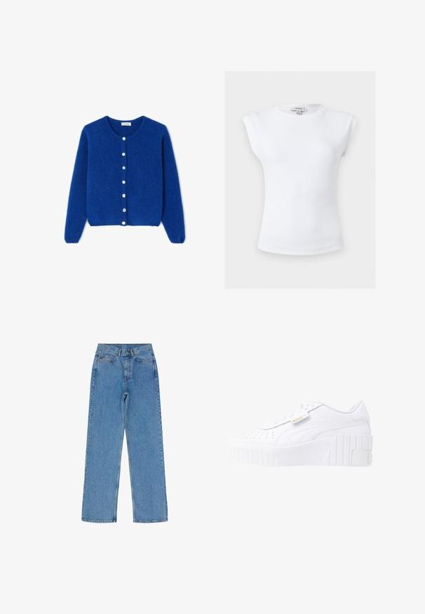 Blauer, flauschiger Langarm-Cardigan mit rundem Ausschnitt und sieben weißen Knöpfen vorne, flach auf weißem Hintergrund liegend dargestellt.; Weißes, geripptes ärmelloses Top mit gepolsterten Schultern und Rundhalsausschnitt, Größe klein, mit Topshop-Label innen am Kragen.; Hellblauweite Beinhosen aus Denim-Stoff mit hoher Taille, fünf Taschen und beschlägen in Kupferoptik sowie subtilen Wischdetails.; Weiße Leder-Plateausneaker mit einer strukturierten Gummi-Außensohle, perforiertem Obermaterial für Atmungsaktivität und einem goldenen Logo-Detail an der Seite.