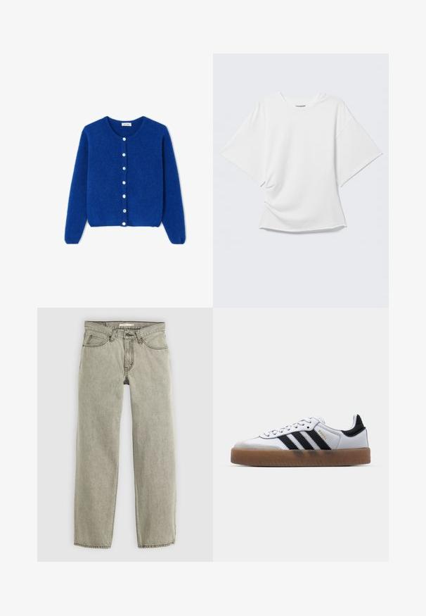 Cárdigan azul difuso de manga larga con escote redondo y siete botones blancos en la parte delantera, mostrado plano sobre un fondo blanco.; Camiseta blanca oversized de manga corta con cuello redondo mostrada sobre un fondo gris claro.; Vaqueros rectos de color gris claro con cierre frontal de botón y cremallera, trabillas para cinturón y diseño de cinco bolsillos.; Zapatillas de cuero blancas con rayas negras, suela de goma, puntera redonda, cierre de cordones y caperuza de ante gris suave.