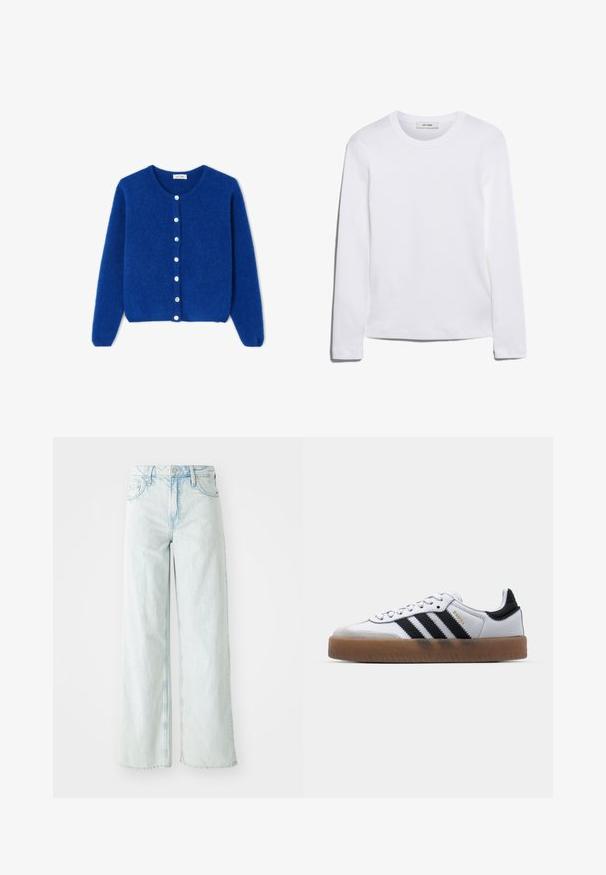Cárdigan azul difuso de manga larga con escote redondo y siete botones blancos en la parte delantera, mostrado plano sobre un fondo blanco.; Camiseta de manga larga blanca hecha de algodón acanalado, con un cuello redondo y un dobladillo recto. Diseño simple sin patrones ni acentos.; Jeans de pierna ancha de talle alto en denim de color azul claro. Cuenta con cinco bolsillos y cierre de botón. Textura desgastada en los muslos.; Zapatillas de cuero blancas con rayas negras, suela de goma, puntera redonda, cierre de cordones y caperuza de ante gris suave.