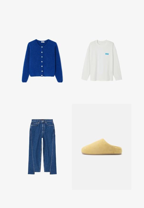 Cárdigan azul difuso de manga larga con escote redondo y siete botones blancos en la parte delantera, mostrado plano sobre un fondo blanco.; Camiseta blanca de manga larga hecha de algodón. Presenta un cuello redondo y un pequeño logo azul "AMERICAN VINTAGE" en el área del pecho izquierdo.; Vaqueros azules de mezclilla con cintura alta, bolsillos delanteros, cierre de botones y costuras laterales que se extienden hasta aberturas en los tobillos.; Zapatilla suave amarilla tipo slip-on con puntera cerrada, tacón bajo, textura de ante y logotipo de UGG estampado cerca del talón sobre un fondo blanco.