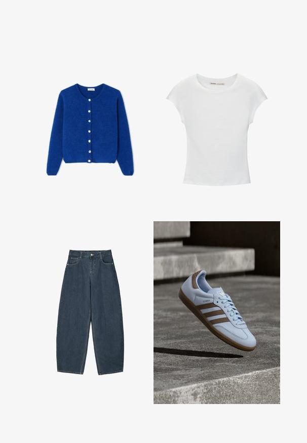 Blauer, flauschiger Langarm-Cardigan mit rundem Ausschnitt und sieben weißen Knöpfen vorne, flach auf weißem Hintergrund liegend dargestellt.; Weißes Baumwoll-T-Shirt mit kurzen, aufgerollten Ärmeln, rundem Ausschnitt und geradem Saum. Glatte Textur ohne sichtbare Muster oder Akzente.; Dunkelblaue Denim-Hosenträger mit weitem Bein und hoher Taille, ausgestattet mit fünf Taschen und sichtbaren Nähdetails. Sauberes, minimalistisches Design.; Hellblauer Sneaker mit braunen Wildlederakzenten, drei seitlichen Streifen, flachen Schnürsenkeln und einer strukturierten Gummisohle. Markenlogo auf der Zunge.