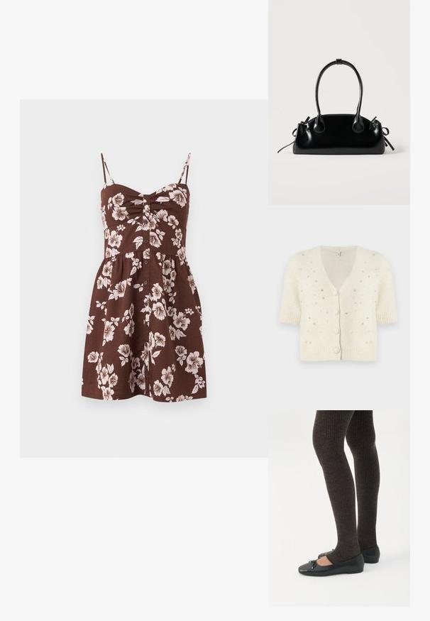 Cardigan à manches courtes, crème, en tissu doux, avec un col en V, une fermeture à boutons et des embellissements de petites perles brillantes sur l'ensemble.; Robe marron sans manches avec fines bretelles, boutons à l'avant et motif floral blanc, avec un buste froncé et une jupe évasée.; Jambes portant des leggings côtelés foncés associés à des ballerines noires avec de petits détails en nœud sur fond blanc.; Petit sac à main noir brillant avec deux longues anses et des détails à cordon sur les côtés sur un fond clair uni.