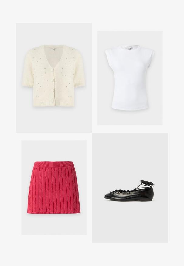 Cardigan à manches courtes, crème, en tissu doux, avec un col en V, une fermeture à boutons et des embellissements de petites perles brillantes sur l'ensemble.; Haut blanc sans manches côtelé avec épaules rembourrées et col rond, taille petite, étiquette de marque Topshop à l'intérieur du col.; Mini-jupe rouge tricotée avec motif torsadé vertical et taille et ourlet côtelés sur fond blanc.; Ballerines en cuir verni noir avec un bout rond, un design à lacets et une semelle plate. Texture lisse avec peu de détails.