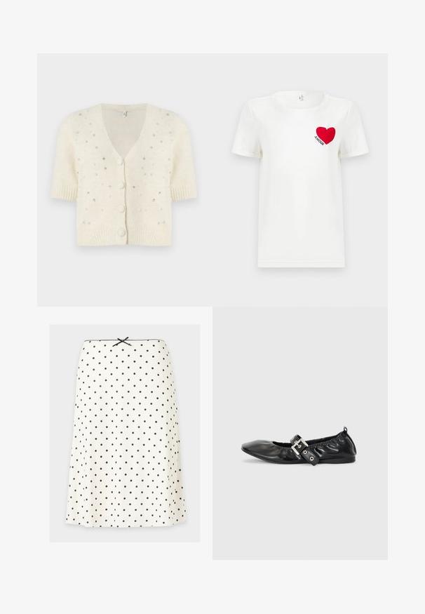 Korte mouwen, crèmekleurige cardigan van zachte stof, met een V-hals, knoopsluiting en versieringen van kleine, glinsterende kralen verspreid over de stof.; Witte T-shirt met korte mouwen met een rode hart en het woord "AMOUR" gedrukt op de linkerkant van de borst.; Witte A-lijn rok met zwarte polka dots, een kleine zwarte strik in de taille en een geschulpte rand langs de bovenkant.; Zwarte leren platte schoen met een spitse neus, geplooide details rond de opening en een zilveren gespaccentueerde verstelbare band.