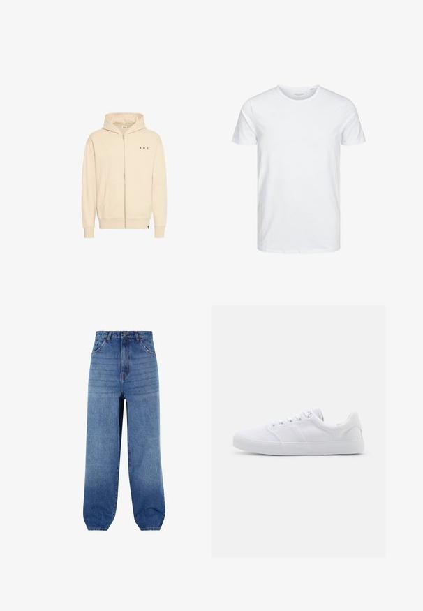 Sweat à capuche beige à fermeture éclair en tissu doux, avec une poche kangourou, un cordon de serrage au niveau de la capuche et une inscription "A.R.C." en noir sur la poitrine.; T-shirt à col rond à manches courtes de couleur blanche unie, fabriqué en coton doux, avec un design simple sans motifs ni accents visibles.; Jeans en denim bleu clair avec une taille haute, une coupe ample et des ourlets fuselés. Comprend cinq poches et un léger dégradé sur l'avant.; Baskets en toile blanches avec une semelle en caoutchouc, dotées de six œillets, d'un embout texturé et d'un design minimaliste.