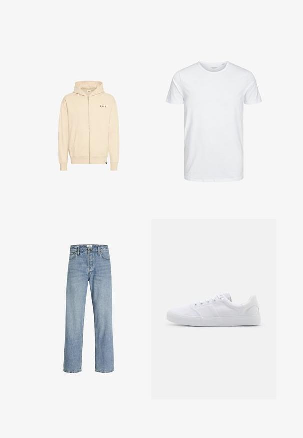 Sweat à capuche beige à fermeture éclair en tissu doux, avec une poche kangourou, un cordon de serrage au niveau de la capuche et une inscription "A.R.C." en noir sur la poitrine.; T-shirt à col rond à manches courtes de couleur blanche unie, fabriqué en coton doux, avec un design simple sans motifs ni accents visibles.; Jean en denim bleu clair avec une coupe droite, taille haute, style cinq poches et décoloration légère, avec fermeture à bouton en métal.; Baskets en toile blanches avec une semelle en caoutchouc, dotées de six œillets, d'un embout texturé et d'un design minimaliste.