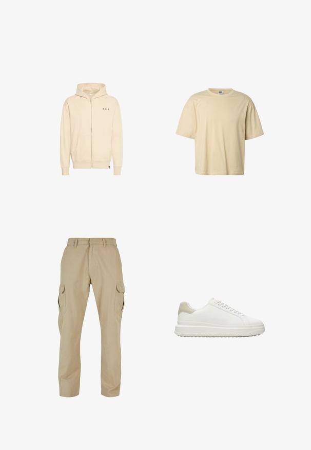 Sweat à capuche beige à fermeture éclair en tissu doux, avec une poche kangourou, un cordon de serrage au niveau de la capuche et une inscription "A.R.C." en noir sur la poitrine.; T-shirt oversize beige à manches courtes et col rond, avec une étiquette de marque visible à l'intérieur du col.; Pantalons cargo beiges en toile de coton, dotés de plusieurs poches latérales, d'un design à jambes droites et d'une fermeture éclair avec passants de ceinture.; Baskets blanches en cuir lisse avec un accent beige texturé au talon, dotées de lacets ronds, d'un design profil bas et d'une semelle extérieure en caoutchouc.