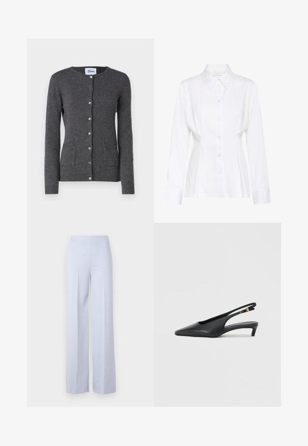 Cárdigan gris hecho de tela suave, con escote en V, botones en el frente y dos bolsillos delanteros. Diseño ajustado con mangas largas.; Blusa blanca de manga larga con botones, cuello puntiagudo, cintura ajustada y etiqueta visible de la marca "Gestuz" en el interior del cuello.; Pantalones de pierna ancha en azul claro, confeccionados en un tejido suave, con una cintura alta y pliegues delanteros para mayor estructura.; Zapatos de tacón estilo slingback negros con punta afilada, textura de cuero suave, un tacón bajo tipo kitten heel y una correa con un detalle de hebilla metálica.