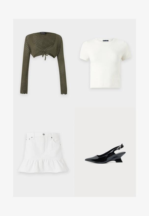Shrug tricoté court vert olive à manches longues avec motif ajouré chevron et fermeture à nouer devant.; T-shirt blanc à manches courtes fabriqué à partir d'un matériau doux. Présente un design classique à col rond et une coupe ajustée sans motifs ni accents visibles.; Jupe en denim blanc avec un ourlet froncé, dotée d'un design à cinq poches, d'une fermeture à boutons à l'avant et d'accents en métal.; Chaussure slingback en cuir verni noir avec bout pointu et petit talon bloc incliné sur fond clair uni.