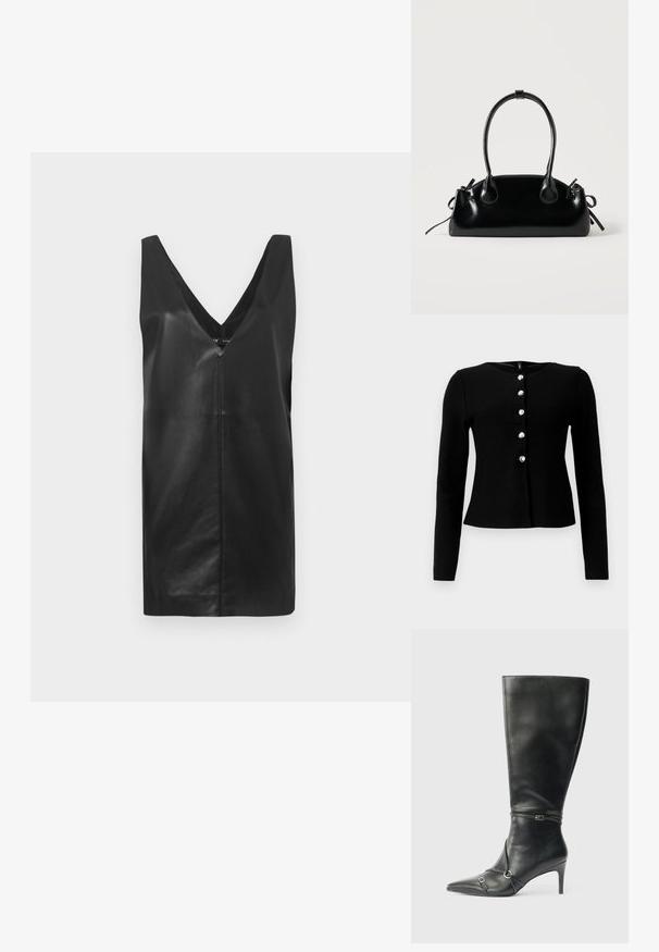 Cardigan long à manches noires en tricot, avec un col rond et six boutons à l'avant avec une finition brillante.; Robe en cuir sans manches noire avec décolleté en V profond et détail de couture centrée, présentée sur un fond blanc uni.; Bottes noires en cuir montant jusqu'au genou, avec un talon fin, un bout pointu et des détails de lanière à la cheville. Texture lisse et design ajusté.; Petit sac à main noir brillant avec deux longues anses et des détails à cordon sur les côtés sur un fond clair uni.