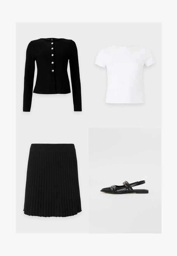 Sort langærmet cardigan lavet af strikket materiale, med en rund halsudskæring og seks frontknapper med en skinnende overflade.; Hvid kortærmet t-shirt med rund hals vist på en neutral lys grå baggrund.; Sort ribbet strikket nederdel med en bred talje, der har lodrette plisseringer og en udvidet kant. Ensartet tekstur hele vejen igennem.; Even&Odd Slingback-ballerinasko - black