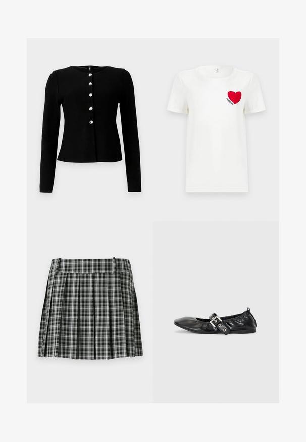 Sort langærmet cardigan lavet af strikket materiale, med en rund halsudskæring og seks frontknapper med en skinnende overflade.; Hvid T-shirt med korte ærmer, prydet med et rødt hjerte og ordet "AMOUR" trykt på venstre bryst.; Sort-hvidt ternet plisseret nederdel med en glat talje og flere lodrette folder. Fremstillet af let stof.; Sorte læder flade sko med spids tå, samling detaljer omkring åbningen, og en sølv spænde accent på den justerbare rem.