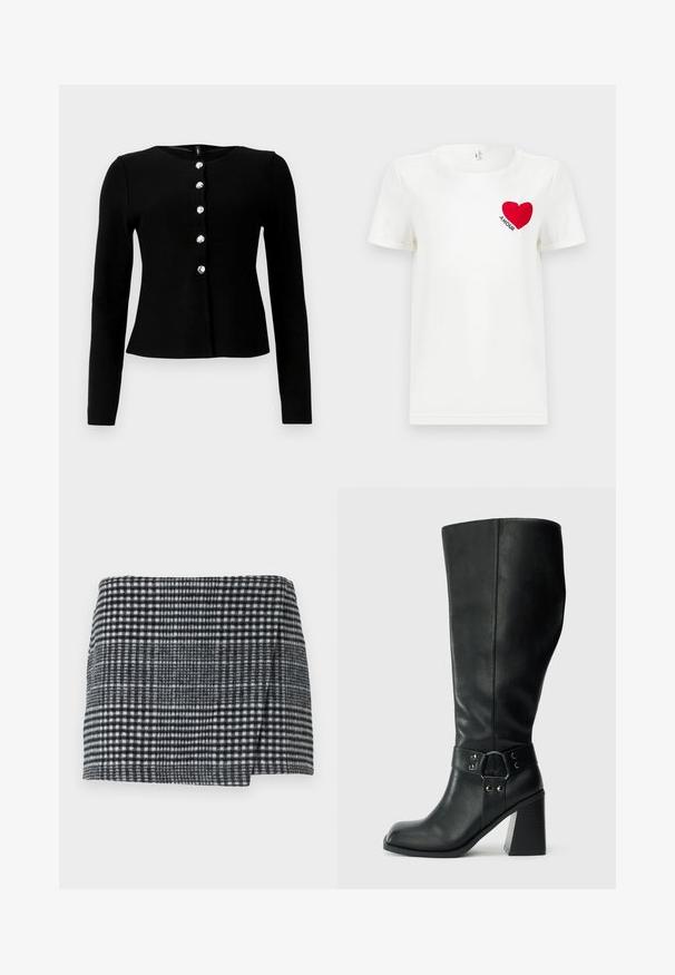 Cardigan long à manches noires en tricot, avec un col rond et six boutons à l'avant avec une finition brillante.; T-shirt blanc à manches courtes avec un cœur rouge et le mot "AMOUR" imprimé sur la zone gauche de la poitrine.; Jupe mini en laine présentant un motif pied-de-poule noir et blanc, coupe droite avec un ourlet légèrement asymétrique, et tissu texturé.; Bottes en cuir noires arrivant au genou, avec un bout carré, un large talon et une sangle décorative avec des accents métalliques autour de la cheville. Texture lisse.