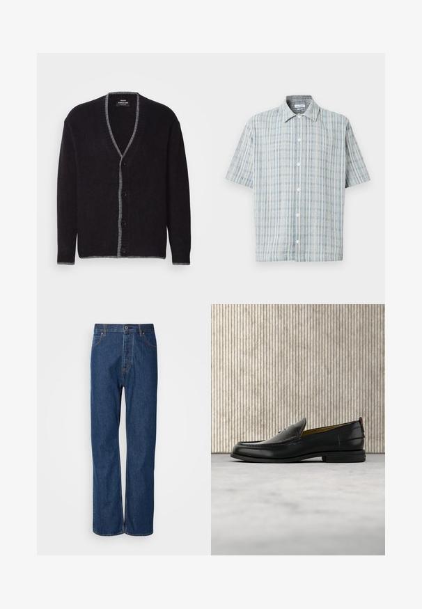 Donkergrijze knoopjack met lichtergrijze bies langs de V-hals, voorkant, manchetten en zoom.; Korte mouwen overhemd met knopen en een blauw-wit ruitpatroon, spreidkraag en witte knopen aan de voorkant.; Blauwe denim jeans met een recht gesneden ontwerp, voorzien van een knoopsluiting, vijf zakken en contrasterende stiksels langs de naden.; Zwarte leren herenslipper met een krokodillen-embossed voorblad en een lage hak, zij-aanzicht op een neutrale achtergrond.