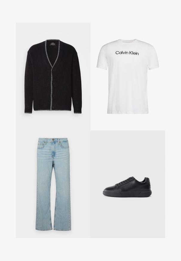 Mørkegrå button-up cardigan med lysere grå kant langs V-halsen, fronten, manchetterne og kanten.; Hvid T-shirt med korte ærmer og rund halsudskæring med sort "Calvin Klein" tekst centreret på brystet.; Lysblå denim flared jeans med en mellemhøj talje, fem lommer og kontrastsyning. Har en lynlåsåbning og metalknaplukning.; Sorte sneakers med en glat læderoverdel, rund tå, snørelukning, struktureret hældetalje og en tyk gummisål.