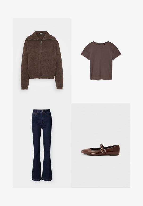 Brauner Strickpullover mit hohem Kragen und Reißverschluss vorne. Verfügt über gerippte Bündchen und Saum, was ein strukturiertes Aussehen verleiht.; Braunes, kurzärmliges, geripptes Strick-T-Shirt mit rundem Ausschnitt, flach auf weißem Hintergrund liegend.; Dunkelblaue, hoch taillierte Jeans aus Denim mit ausgestellten Beinen, vorderen Taschen und einem doppelten Knopfverschluss an der Taille.; Braune Lackleder-Ballerinas mit quadratischer Zehenform und Riemen mit einer kleinen goldenen Schnalle. Glatte Textur, niedriger Absatz und minimalistisches Design.