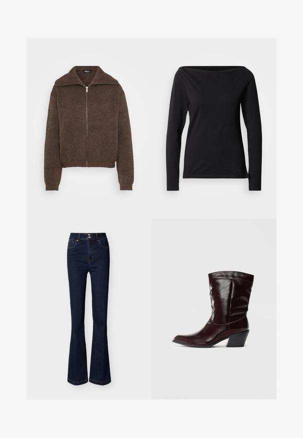 Brauner Strickpullover mit hohem Kragen und Reißverschluss vorne. Verfügt über gerippte Bündchen und Saum, was ein strukturiertes Aussehen verleiht.; Schwarzes langärmliges Oberteil mit weitem U-Boot-Ausschnitt, aus glattem, elastischem Stoff, mit figurbetontem Schnitt und minimalistischem Design.; Dunkelblaue, hoch taillierte Jeans aus Denim mit ausgestellten Beinen, vorderen Taschen und einem doppelten Knopfverschluss an der Taille.; Bordeauxfarbene Leder-Stiefeletten mit spitzem Schnitt, strukturierten Oberflächen und einem schmalen, niedrigen Absatz. Verfügen über dezente Nähte und einen engen Sitz.