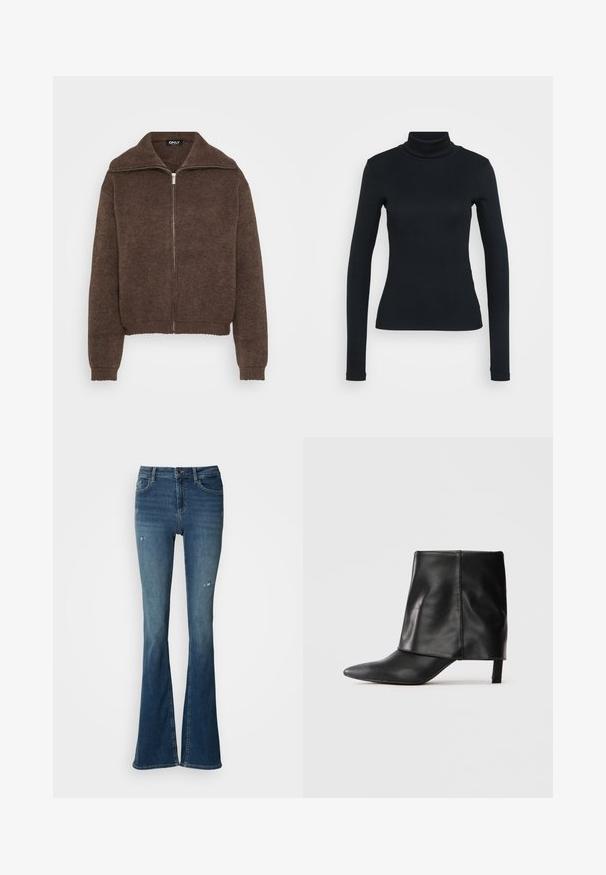 Brun strikket sweater med høj krave og lynlås foran. Har ribbede mansjetter og kant, der giver et struktureret udseende.; Sort langærmet ribbestrikket sweater med høj hals og tætsiddende silhuet på en lys ensfarvet baggrund.; Flared jeans i falmet blå denim med forskellomme, høj talje og slidte detaljer med synlige syninger.; Sort læderstøvle til midten af læggen med spids tå, foldet øvre skaft og slank lav hæl, der står på hvid baggrund.