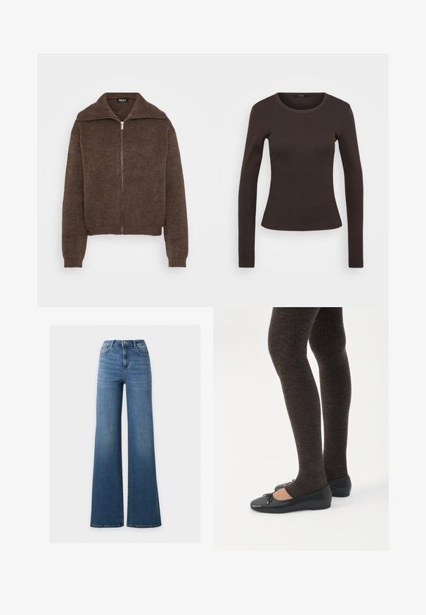 Brun strikket sweater med høj krave og lynlås foran. Har ribbede mansjetter og kant, der giver et struktureret udseende.; Langærmet brun t-shirt lavet af ribbet stof, med en rund halsudskæring og en tætsiddende silhuet.; Blå høj talje vidde jeans med frontknap og lynlås, to forlommer og et klassisk fem-lomme design.; Ben iført mørke ribbede leggings kombineret med sorte balletsko med små sløjfedetaljer på hvid baggrund.