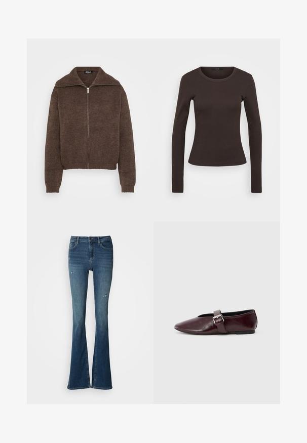 Brun strikket sweater med høj krave og lynlås foran. Har ribbede mansjetter og kant, der giver et struktureret udseende.; Langærmet brun t-shirt lavet af ribbet stof, med en rund halsudskæring og en tætsiddende silhuet.; Flared jeans i falmet blå denim med forskellomme, høj talje og slidte detaljer med synlige syninger.; Bordeaux læder ballerina sko med spidse tæer, flad sål og en dekorativ spænde-strop over vristen. Glat, blank tekstur.