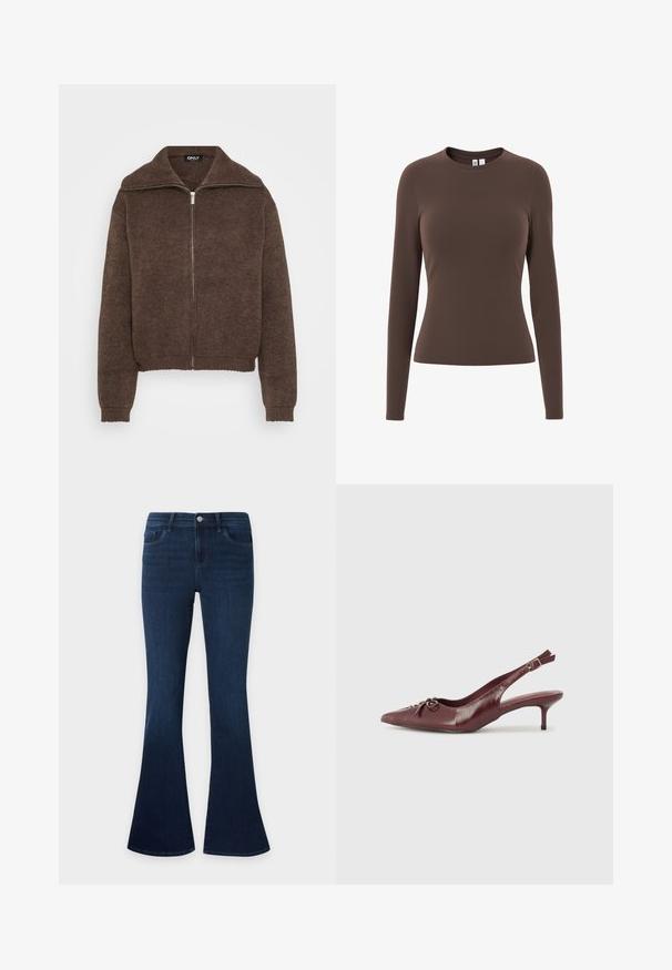 Brun strikket sweater med høj krave og lynlås foran. Har ribbede mansjetter og kant, der giver et struktureret udseende.; Brun tætsiddende langærmet rundhalset trøje med glat tekstur, vist på en hvid baggrund.; Mørkeblå denimjeans med høj talje og flared ben, med forlommer, bæltestropper og knaplukning.; Bordeaux læder slingback hæl med spidse tå, justerbar rem og dekorativ sløjfedetalje foran. 7,5 cm hælhøjde.