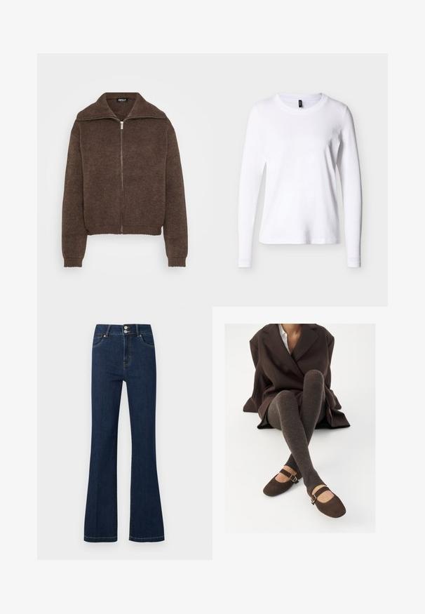 Brauner Strickpullover mit hohem Kragen und Reißverschluss vorne. Verfügt über gerippte Bündchen und Saum, was ein strukturiertes Aussehen verleiht.; Weißes Langarm-T-Shirt mit Rundhalsausschnitt, dargestellt vor neutralem Hintergrund, Vorderansicht mit einem schwarzen Kleidungsetikett am Halsausschnitt.; Dunkelblaue Denim-Jeans mit hoher Taille, Doppelknopfverschluss, Vordertaschen und leicht ausgestellten Beinen.; Braune gerippte Kniestrümpfe kombiniert mit braunen Wildleder-Mary-Jane-Schuhen mit einem dekorativen Riemen und einer Schnalle, getragen mit einem dunklen Mantel.