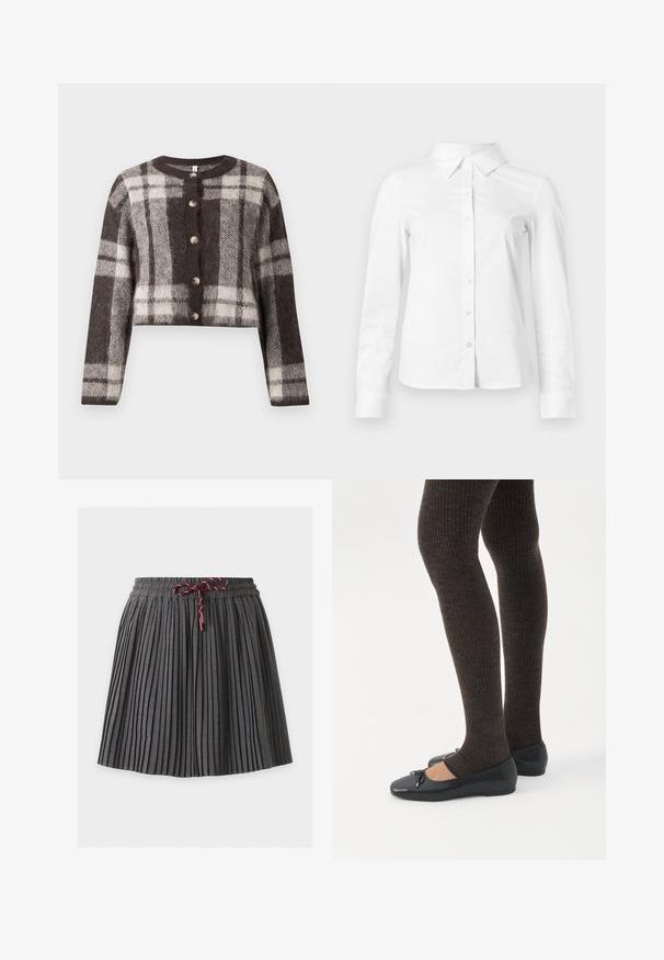 Cardigan court à carreaux marron et crème avec un col rond, cinq boutons et une texture douce. Manches longues avec une coupe décontractée.; Chemise blanche à manches longues avec boutons, col pointu, ourlet droit et silhouette ajustée, présentée sur un fond clair uni.; Jupe plissée gris foncé avec une taille élastique et un cordon bordeaux noué au centre devant.; Jambes portant des leggings côtelés foncés associés à des ballerines noires avec de petits détails en nœud sur fond blanc.