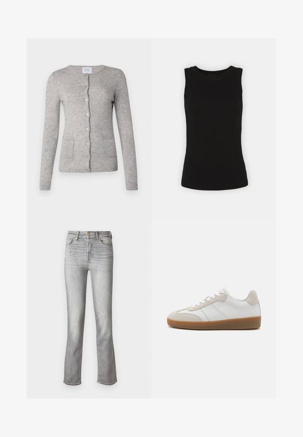 Grijze cashmere cardigan met een ronde halslijn, lange mouwen, knoopsluiting en twee voorzakken. Zachte textuur met een klassieke pasvorm.; Zwarte mouwloze tanktop van ribbels katoen, met een ronde halslijn en een fitted silhouet.; Grijze denim jeans met een rechte pijp, voorzien van een voorste knoopsluiting, vijf zakken en subtiele vervaging voor textuur.; Witte leren sneakers met beige suède accenten, een gestructureerde tong en een rubberen zool. Voorzien van witte veters en subtiele gestikte details.